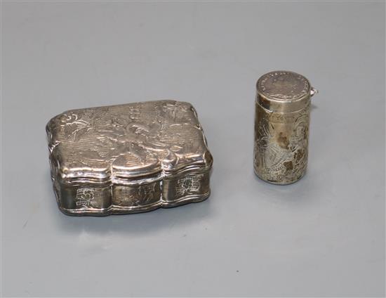A 19th century Dutch? white metal snuff box and Victorian silver coin case.